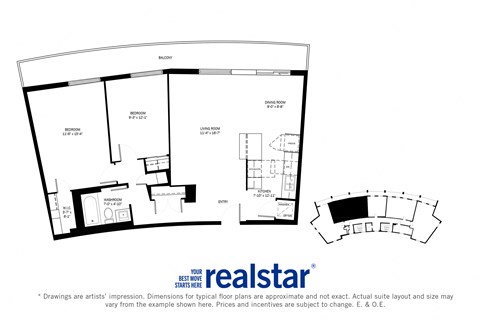 Harbourview Apartments 2-bedroom, 1-bath layout variation E in Oakville, ON